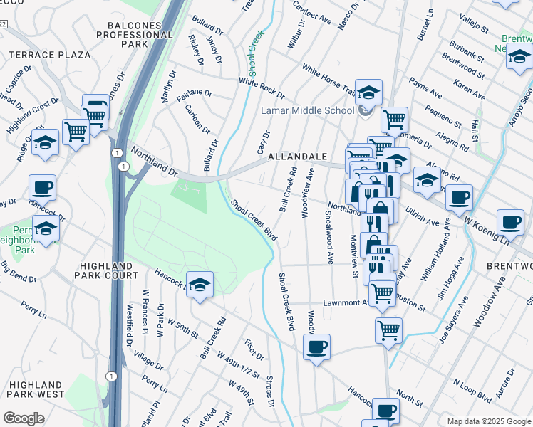 map of restaurants, bars, coffee shops, grocery stores, and more near 5603 Shoal Edge Court in Austin