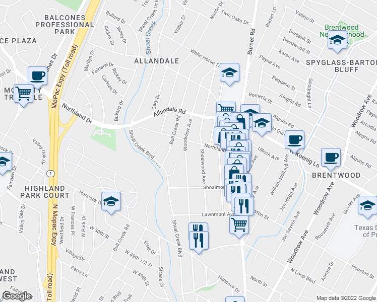 map of restaurants, bars, coffee shops, grocery stores, and more near 5611 Woodview Avenue in Austin