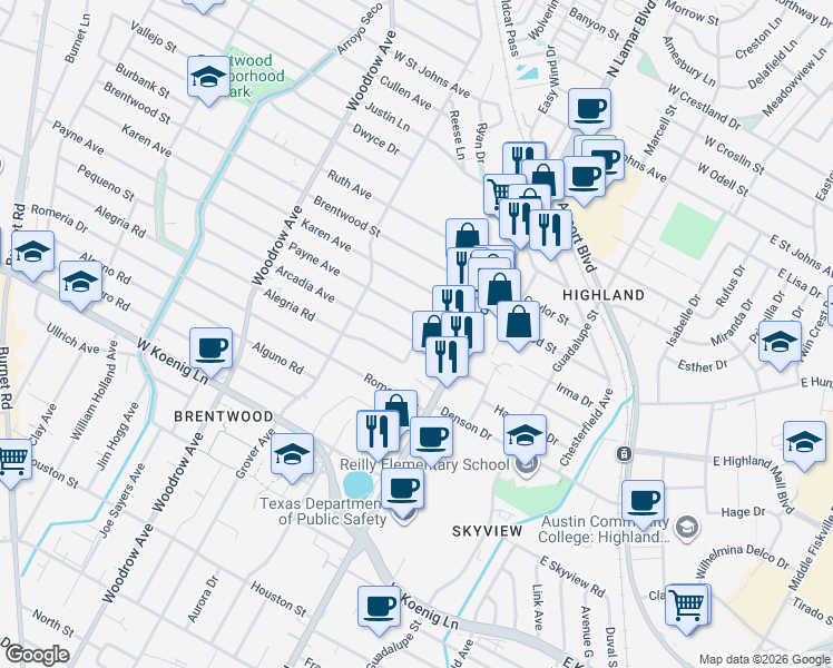 map of restaurants, bars, coffee shops, grocery stores, and more near 905 Payne Avenue in Austin