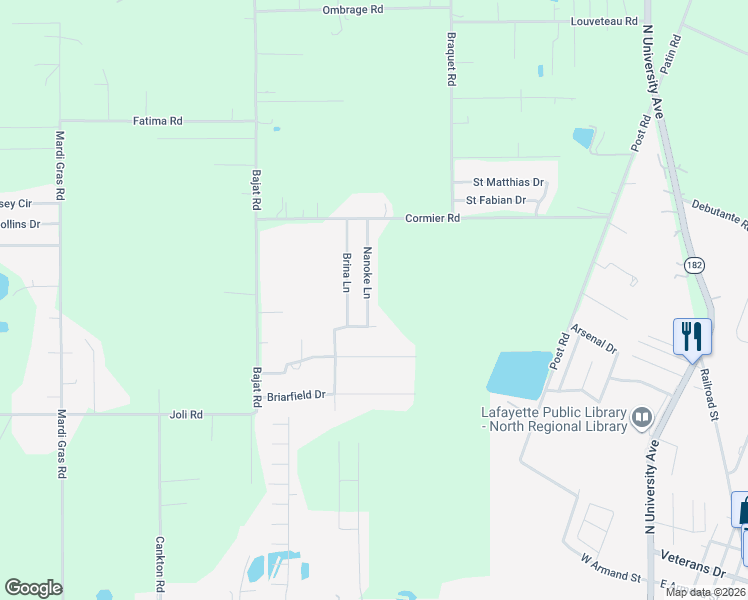 map of restaurants, bars, coffee shops, grocery stores, and more near 133 Nanoke Lane in Carencro