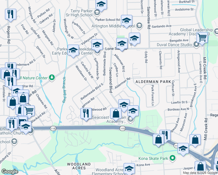 map of restaurants, bars, coffee shops, grocery stores, and more near 1018 Townsend Boulevard in Jacksonville