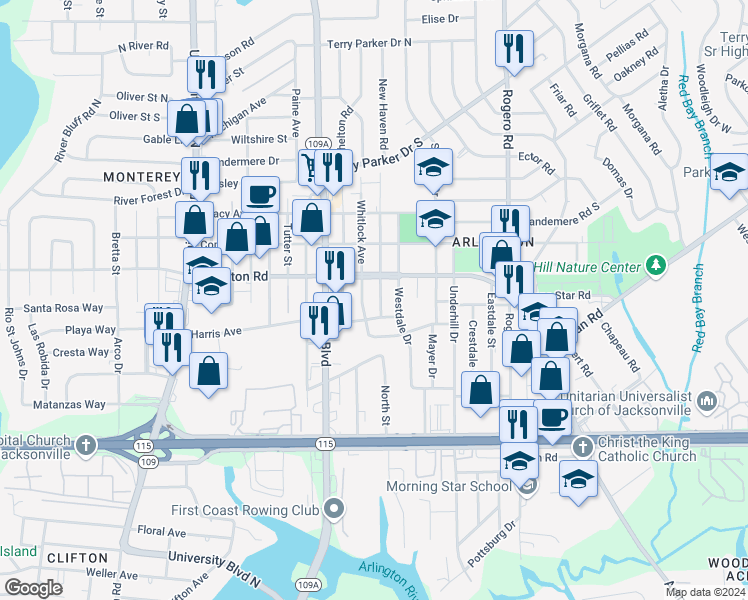 map of restaurants, bars, coffee shops, grocery stores, and more near 1201 Whitlock Avenue in Jacksonville