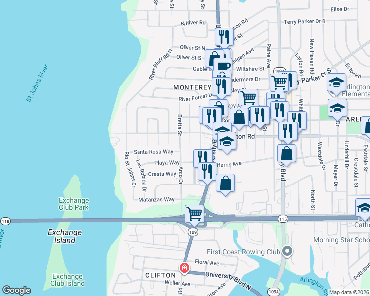 map of restaurants, bars, coffee shops, grocery stores, and more near 1209 Bretta Street in Jacksonville