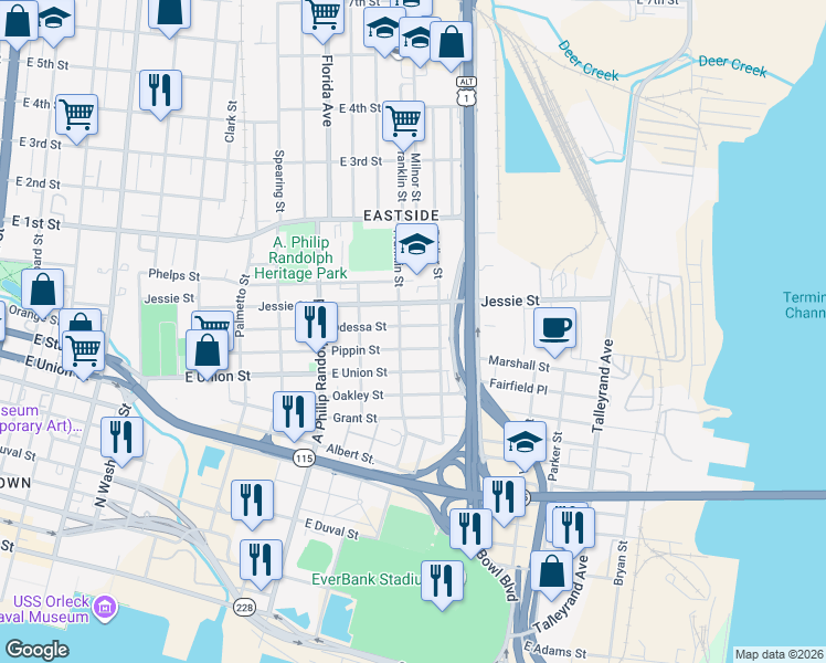 map of restaurants, bars, coffee shops, grocery stores, and more near 3 Odessa Street in Jacksonville