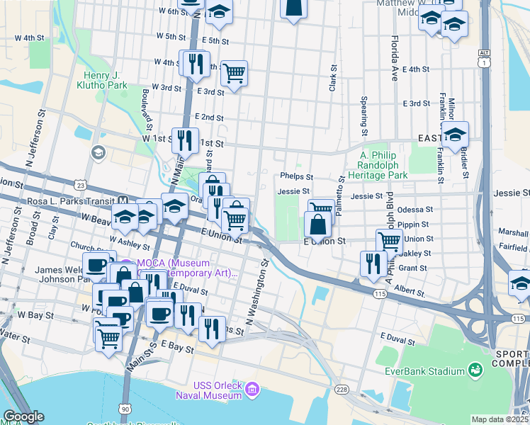 map of restaurants, bars, coffee shops, grocery stores, and more near 911 North Washington Street in Jacksonville