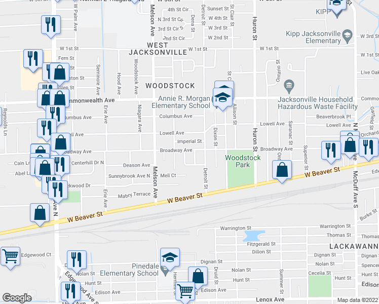 map of restaurants, bars, coffee shops, grocery stores, and more near 3053 Broadway Avenue in Jacksonville