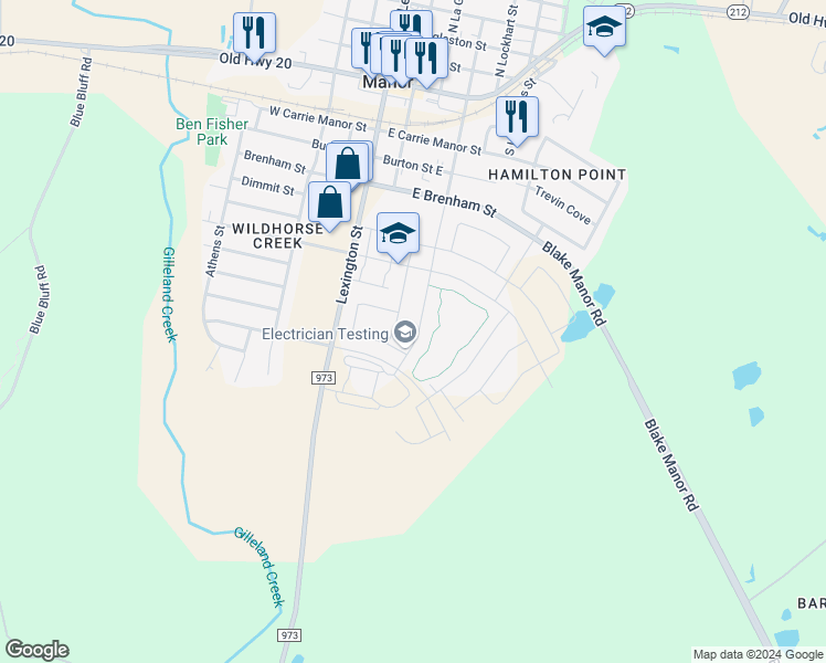 map of restaurants, bars, coffee shops, grocery stores, and more near 12013 Texana Trail in Manor