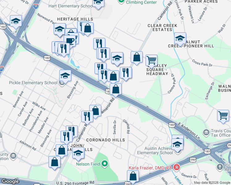 map of restaurants, bars, coffee shops, grocery stores, and more near 7803 Cameron Road in Austin