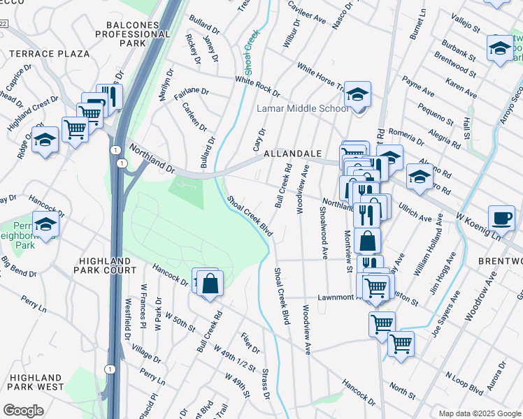 map of restaurants, bars, coffee shops, grocery stores, and more near 5603 Shoal Edge Court in Austin