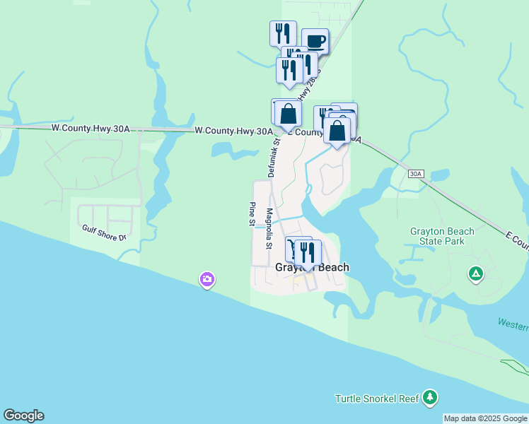 map of restaurants, bars, coffee shops, grocery stores, and more near 21 Magnolia Street in Santa Rosa Beach