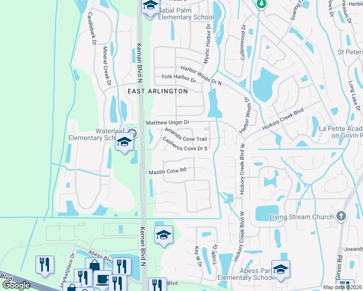 map of restaurants, bars, coffee shops, grocery stores, and more near 12350 Amanda Cove Trail in Jacksonville