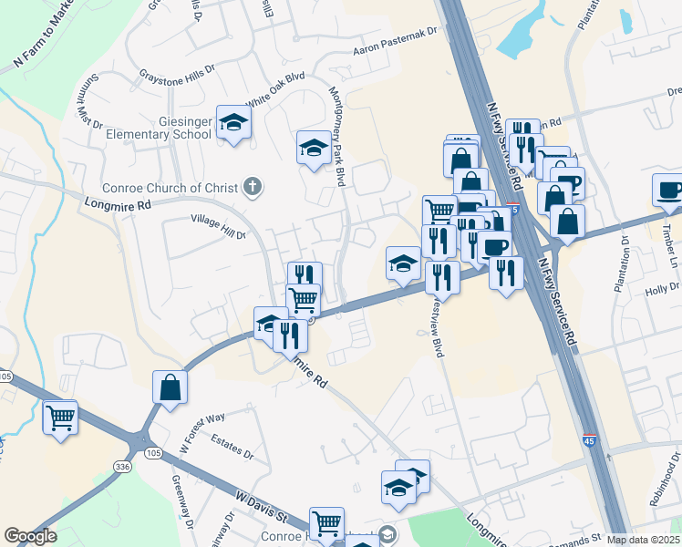 map of restaurants, bars, coffee shops, grocery stores, and more near 2340 Montgomery Park Boulevard in Conroe