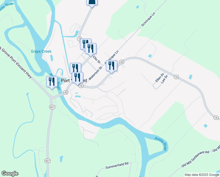 map of restaurants, bars, coffee shops, grocery stores, and more near 14533 Watson Lane in Denham Springs