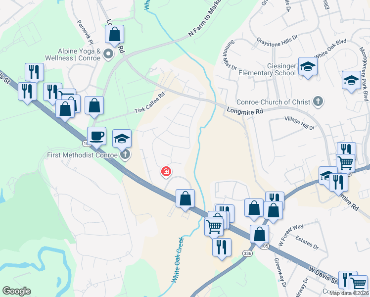 map of restaurants, bars, coffee shops, grocery stores, and more near 2514 Holly Laurel Manor in Conroe