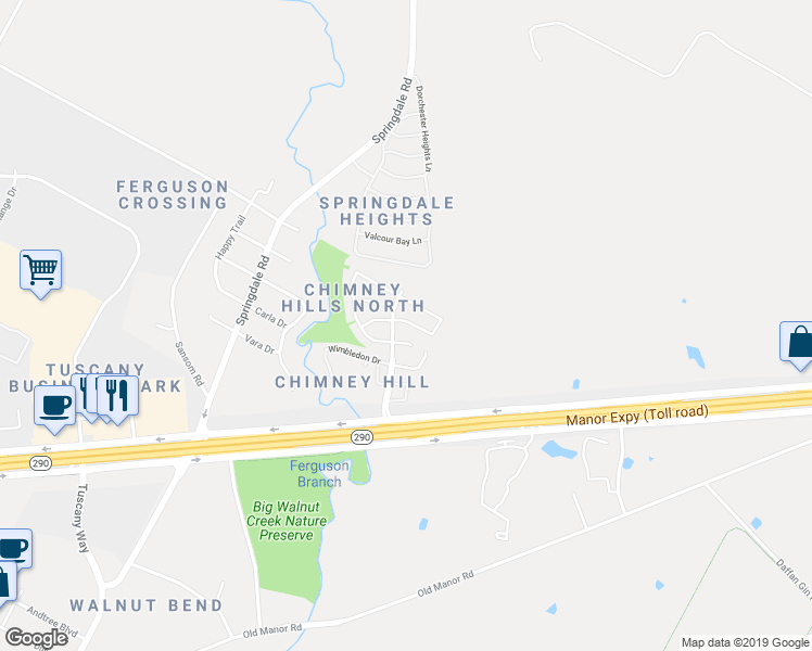 map of restaurants, bars, coffee shops, grocery stores, and more near 5205 Coppermead Lane in Austin