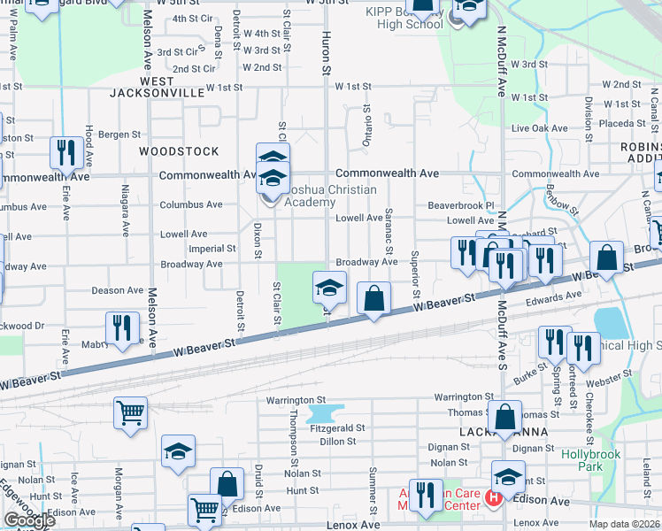 map of restaurants, bars, coffee shops, grocery stores, and more near 2744 Broadway Avenue in Jacksonville