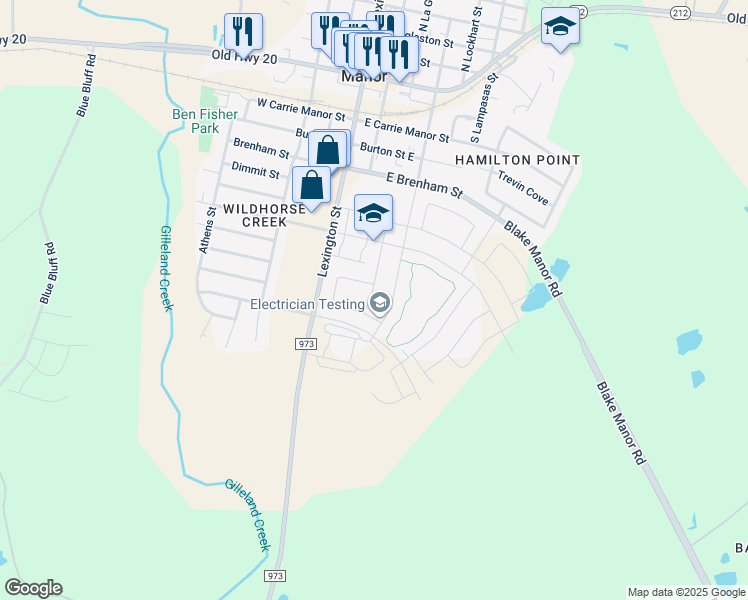 map of restaurants, bars, coffee shops, grocery stores, and more near 12013 Texana Trail in Manor