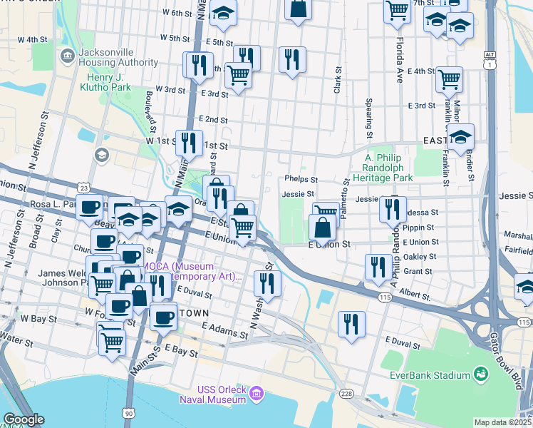 map of restaurants, bars, coffee shops, grocery stores, and more near 909 North Liberty Street in Jacksonville