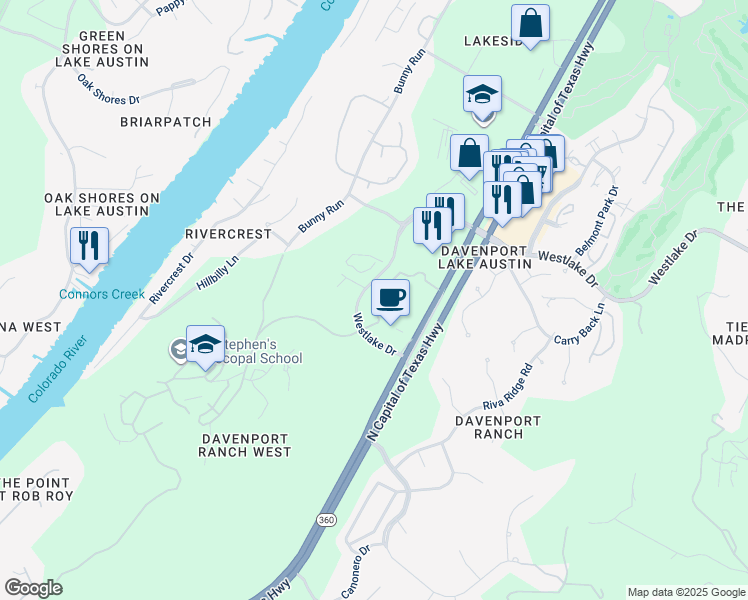 map of restaurants, bars, coffee shops, grocery stores, and more near 3500 North Capital of Texas Highway in Austin