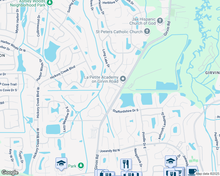 map of restaurants, bars, coffee shops, grocery stores, and more near 578 Staffordshire Drive in Jacksonville