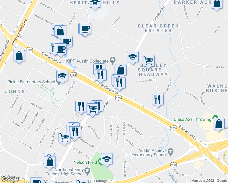 map of restaurants, bars, coffee shops, grocery stores, and more near Cameron Rd & E Anderson Ln in Austin
