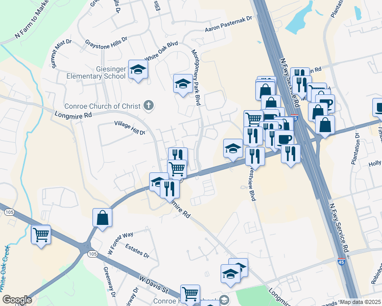 map of restaurants, bars, coffee shops, grocery stores, and more near 7 Montgomery Park Boulevard in Conroe