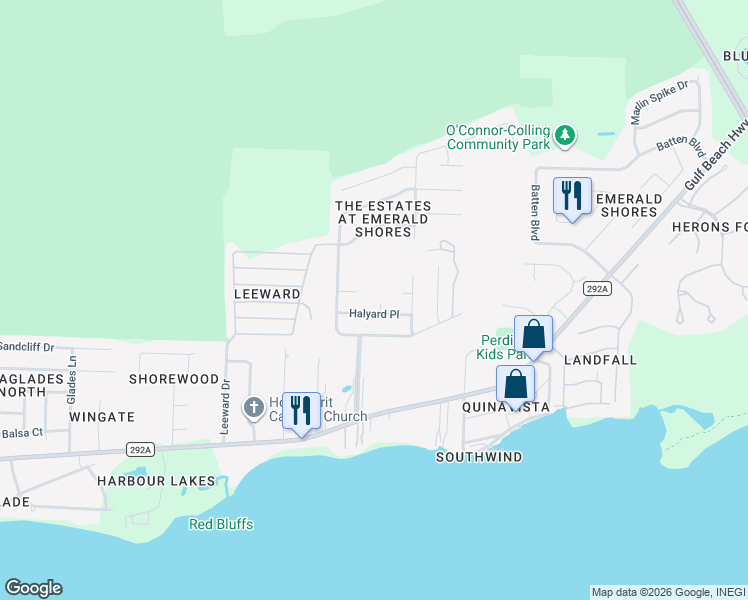 map of restaurants, bars, coffee shops, grocery stores, and more near 125 Belay Way in Pensacola