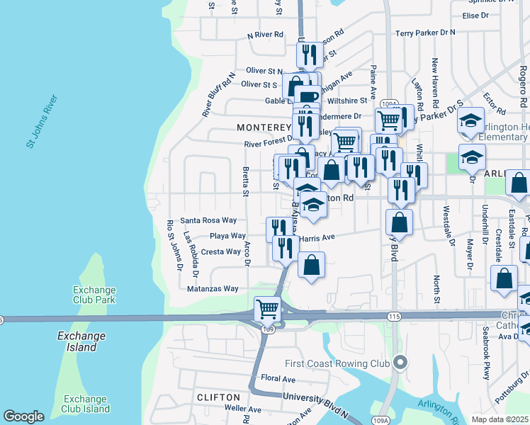 map of restaurants, bars, coffee shops, grocery stores, and more near 1207 Clock Street in Jacksonville