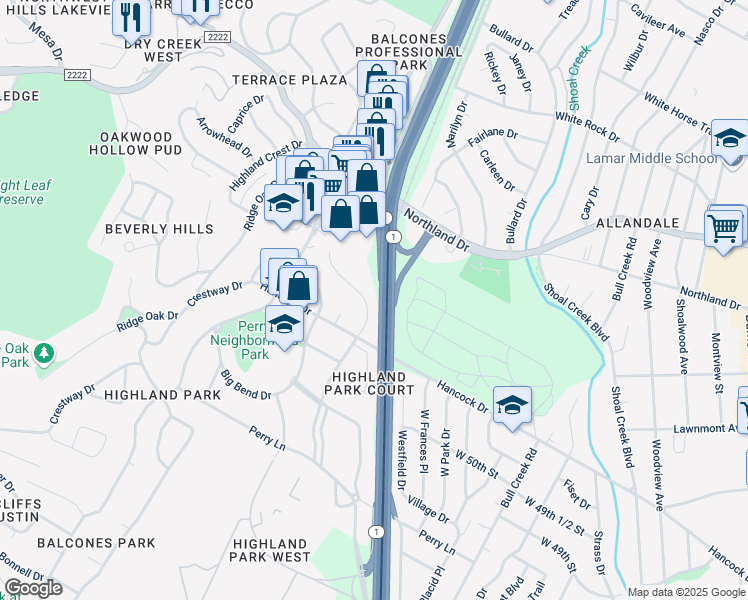 map of restaurants, bars, coffee shops, grocery stores, and more near 5201 Valley Oak Drive in Austin