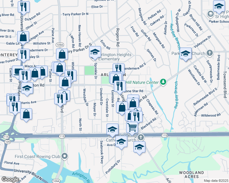 map of restaurants, bars, coffee shops, grocery stores, and more near 6644 Arlington Road North in Jacksonville