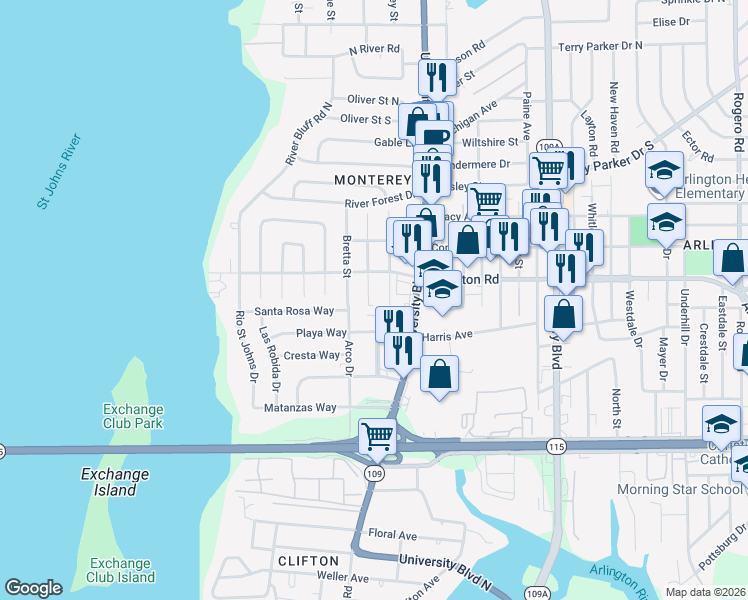 map of restaurants, bars, coffee shops, grocery stores, and more near 1207 Clock Street in Jacksonville