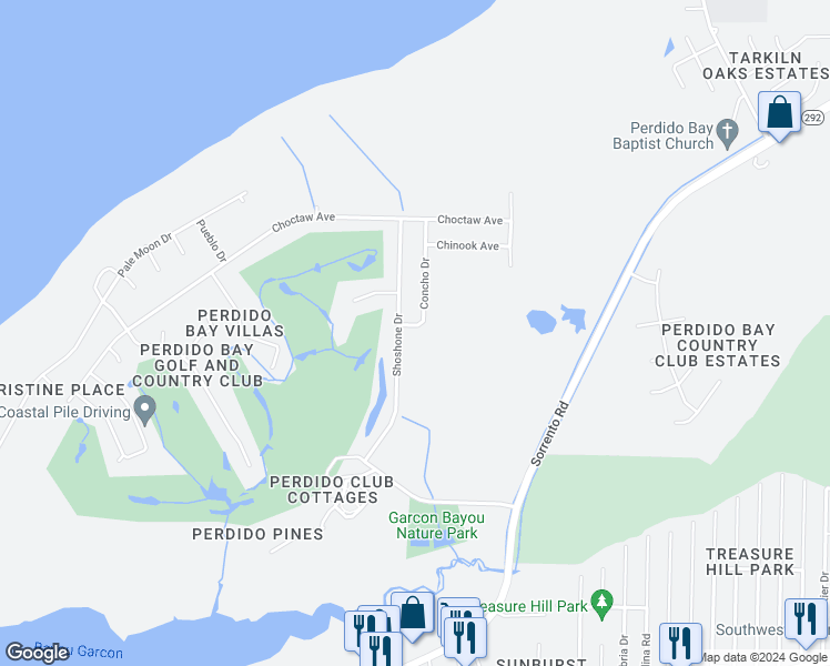 map of restaurants, bars, coffee shops, grocery stores, and more near 3066 Concho Drive in Pensacola