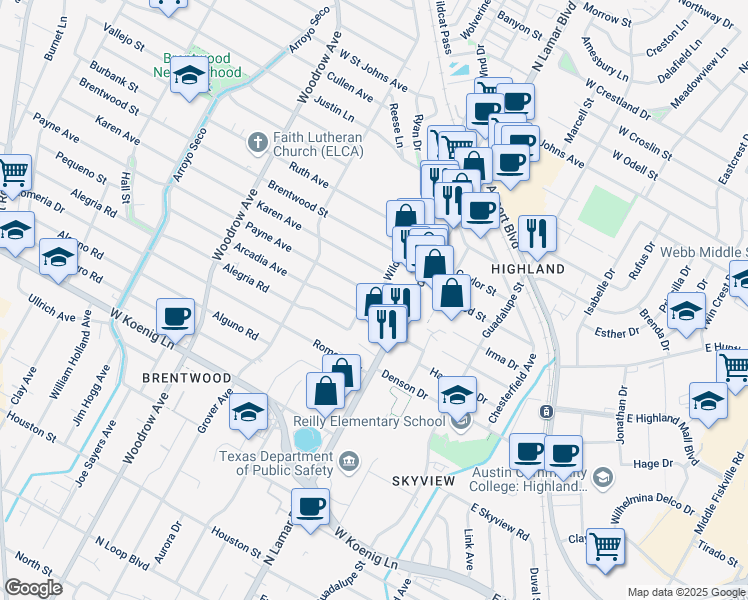 map of restaurants, bars, coffee shops, grocery stores, and more near 905 Payne Avenue in Austin