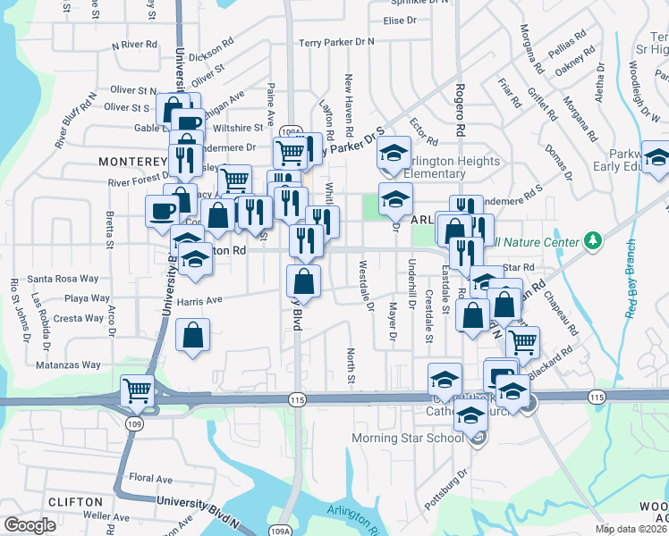 map of restaurants, bars, coffee shops, grocery stores, and more near 1201 Whitlock Avenue in Jacksonville