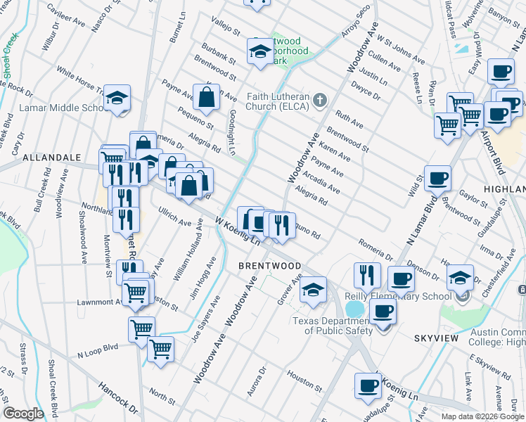map of restaurants, bars, coffee shops, grocery stores, and more near 1413 Alguno Road in Austin