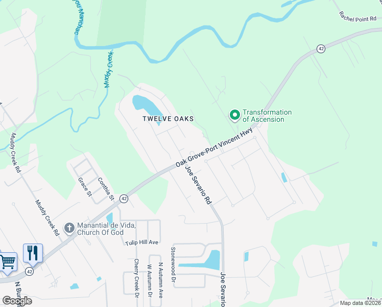 map of restaurants, bars, coffee shops, grocery stores, and more near 42022 Louisiana 42 in Prairieville