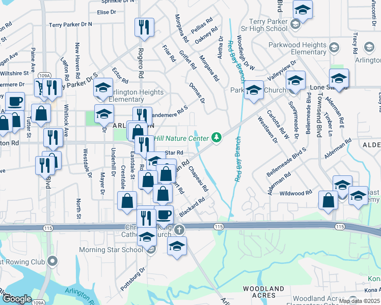map of restaurants, bars, coffee shops, grocery stores, and more near 7057 Lone Star Road in Jacksonville