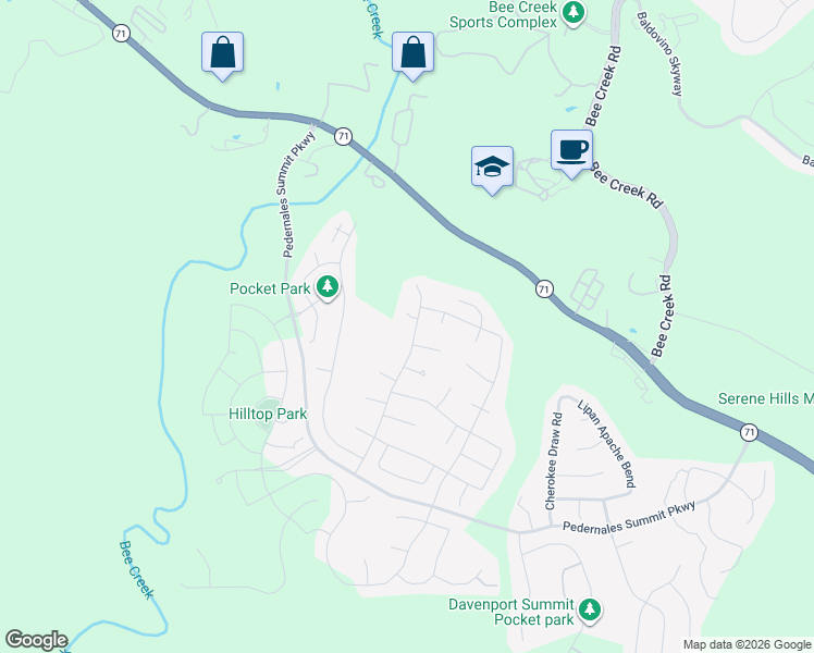 map of restaurants, bars, coffee shops, grocery stores, and more near 18705 Alonso Place in Austin