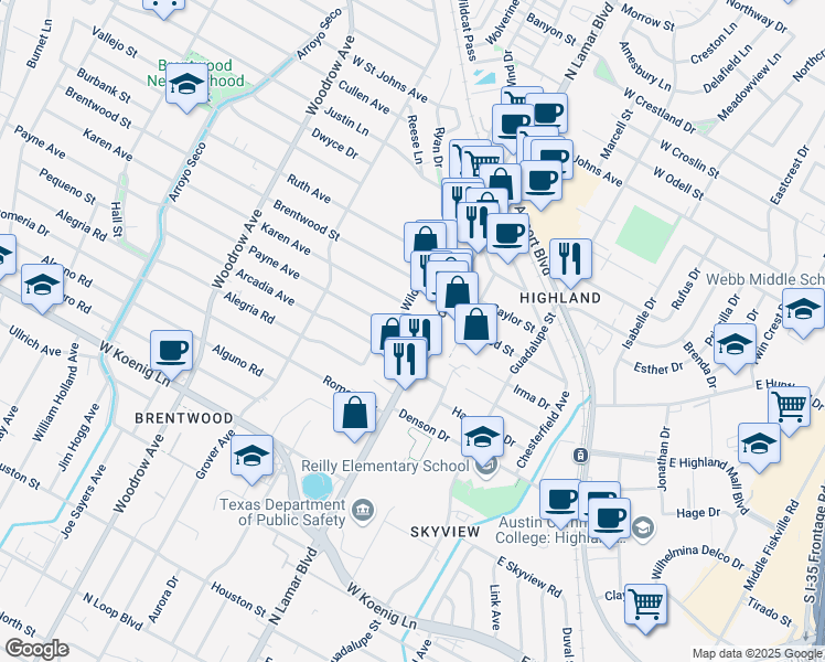 map of restaurants, bars, coffee shops, grocery stores, and more near 6500 North Lamar Boulevard in Austin