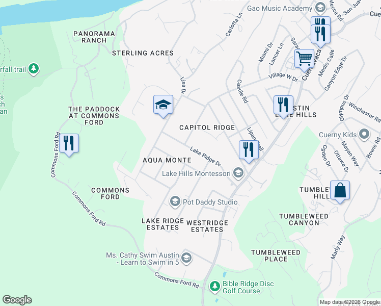 map of restaurants, bars, coffee shops, grocery stores, and more near 10002 Lake Ridge Drive in Austin