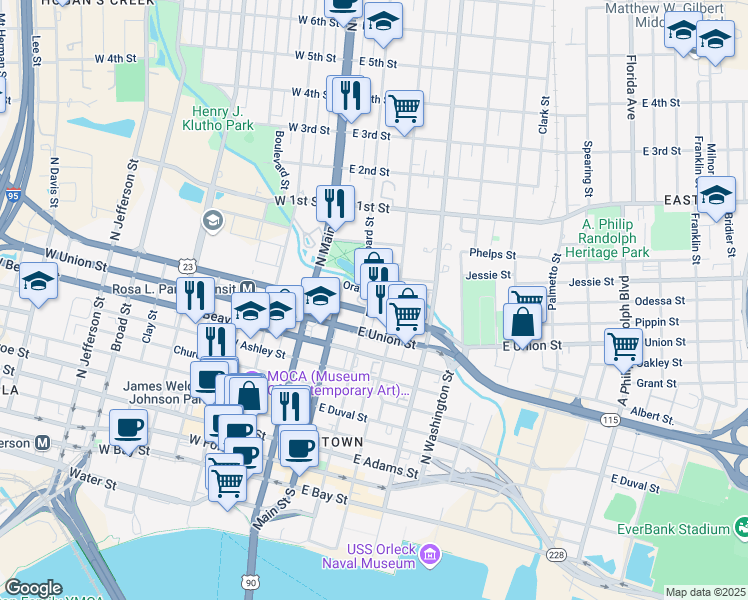 map of restaurants, bars, coffee shops, grocery stores, and more near 9 Orange Street in Jacksonville