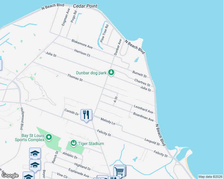 map of restaurants, bars, coffee shops, grocery stores, and more near 311 Thomas Street in Bay St. Louis