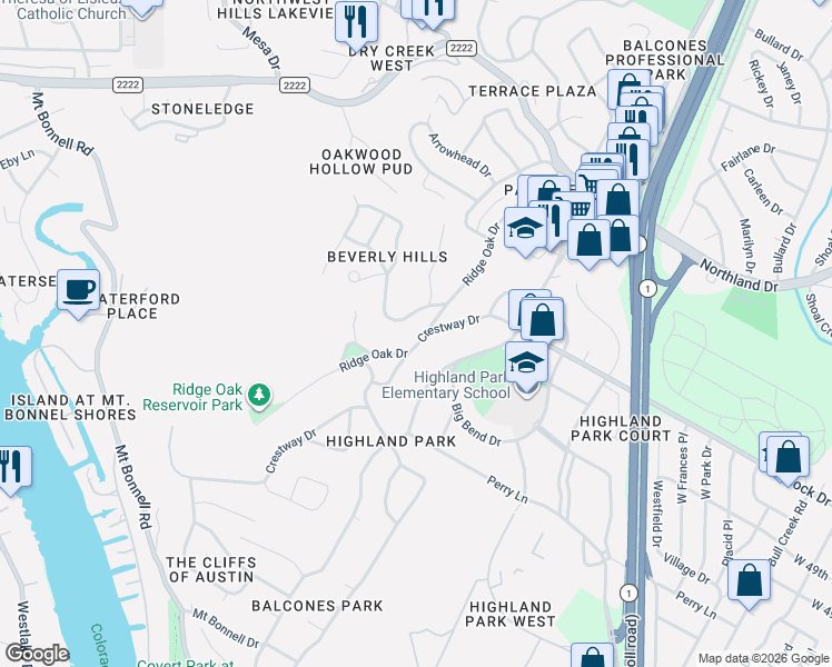 map of restaurants, bars, coffee shops, grocery stores, and more near 4802 Ridge Oak Drive in Austin