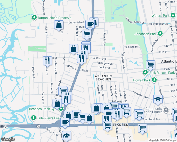 map of restaurants, bars, coffee shops, grocery stores, and more near 905 Plaza in Atlantic Beach