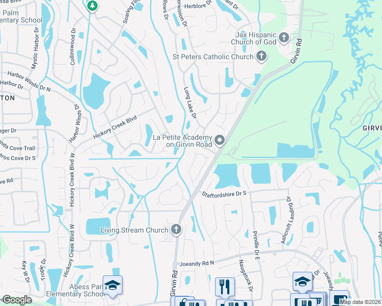 map of restaurants, bars, coffee shops, grocery stores, and more near 12726 Ariana Court in Jacksonville