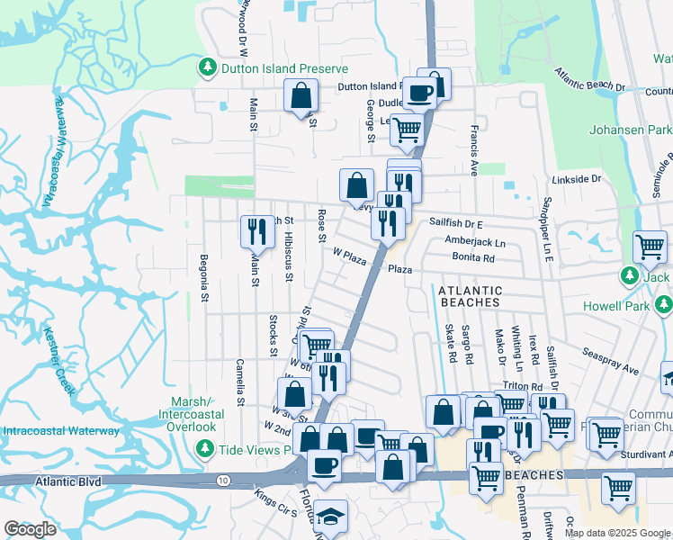 map of restaurants, bars, coffee shops, grocery stores, and more near 1102 Orchid Street in Atlantic Beach
