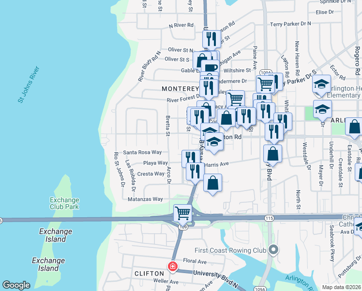 map of restaurants, bars, coffee shops, grocery stores, and more near 1224 Easter Street in Jacksonville