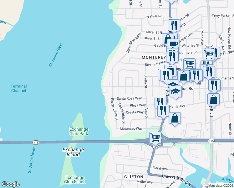map of restaurants, bars, coffee shops, grocery stores, and more near 1209 Rio Saint Johns Drive in Jacksonville