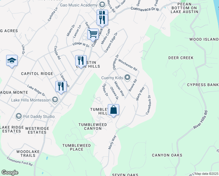 map of restaurants, bars, coffee shops, grocery stores, and more near 1109 Ottawa Drive in Austin