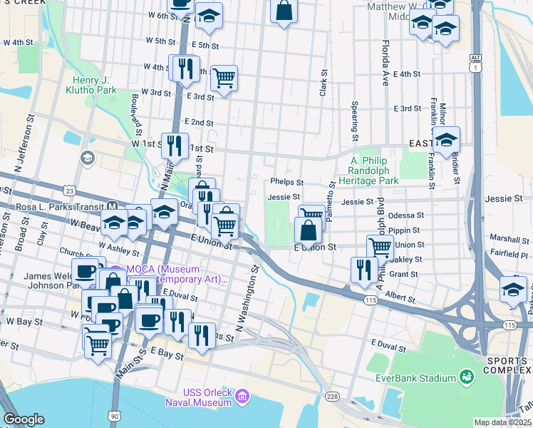 map of restaurants, bars, coffee shops, grocery stores, and more near 911 North Washington Street in Jacksonville